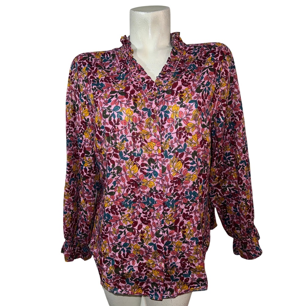 Talbots Petite XL Pink Floral Metallic Lurex Ruffle Neck Cotton Blouse Top